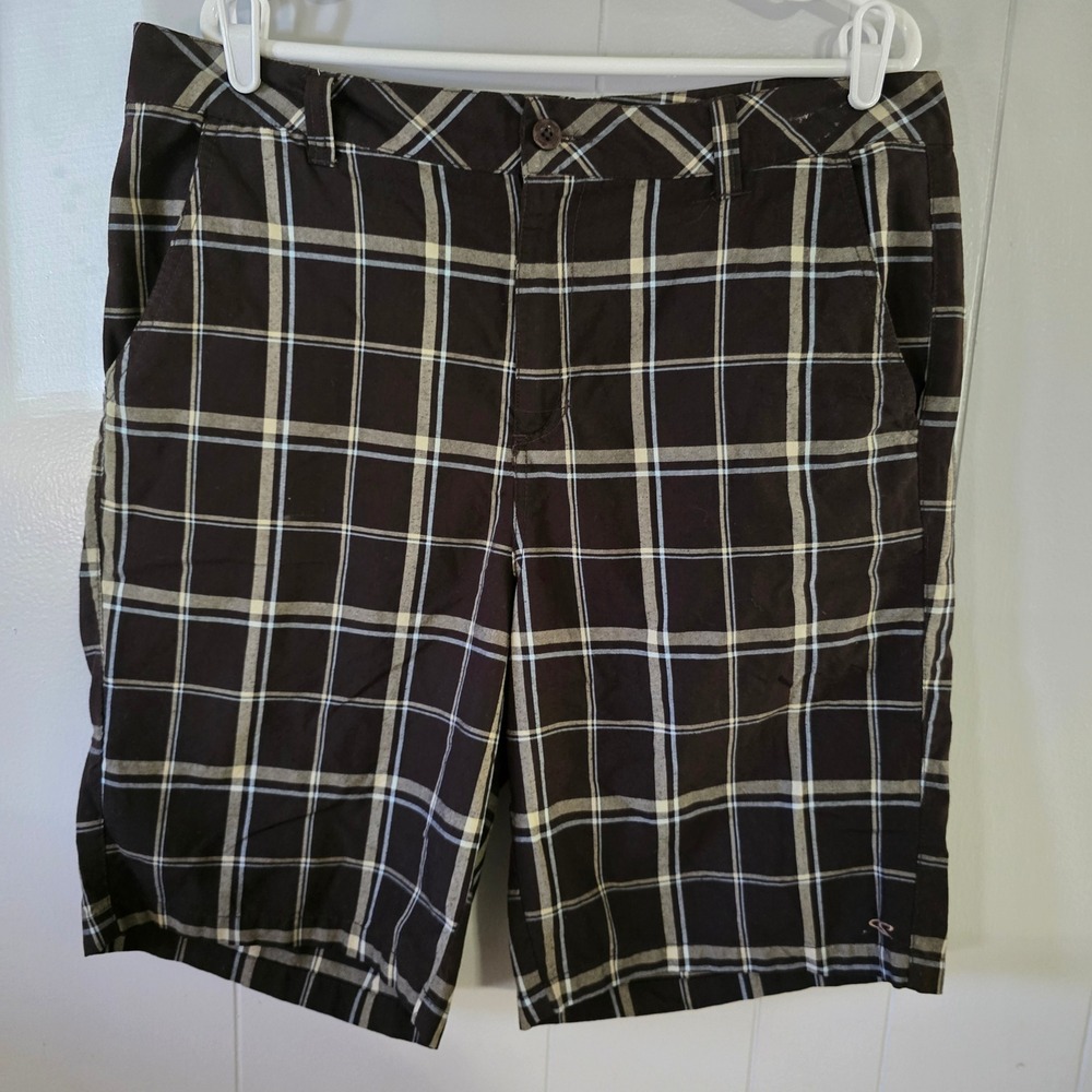 O'Neill Plaid Shorts Mens 36‎ Brown Cream Blue Flat Front Casual RN85773